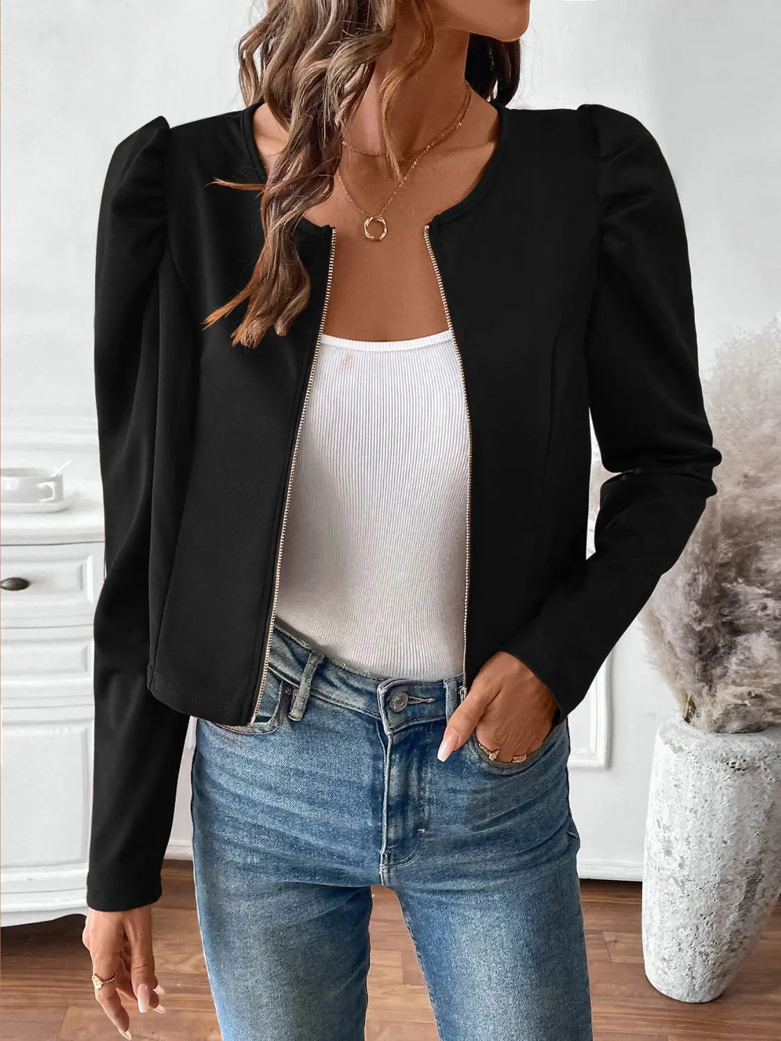 Black Zip Up Long Sleeve Jacket - Be Bliss Boutique