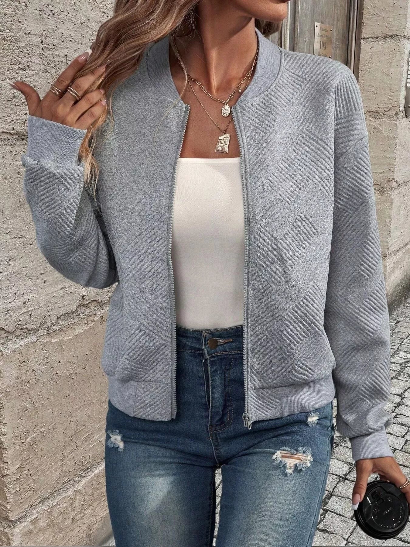 Texture Zip-Up Bomber Jacket - Be Bliss Boutique