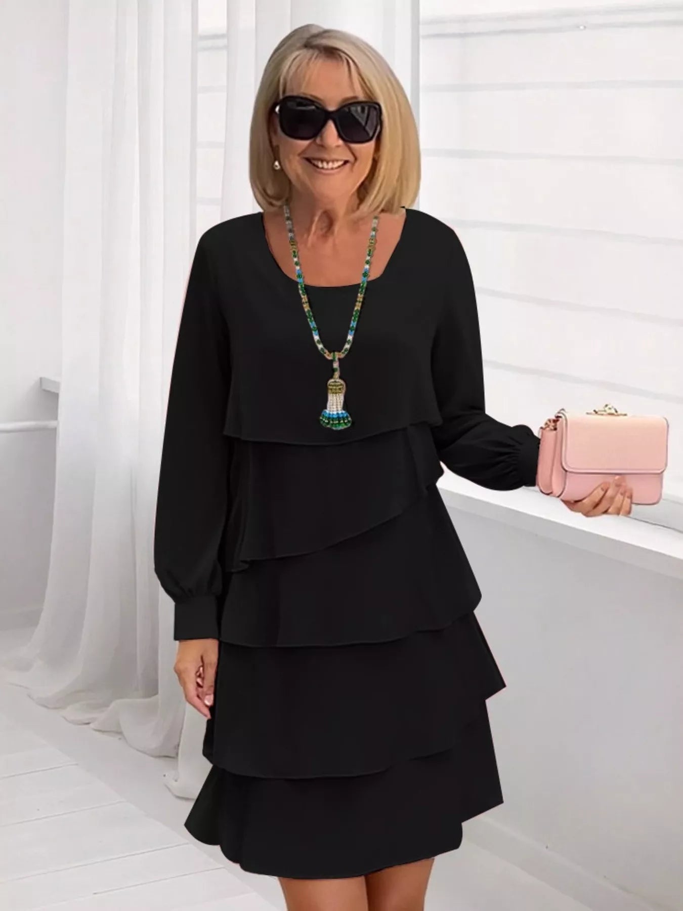 Full Size Layered Long Sleeve Mini Dress Plus Size - Be Bliss Boutique