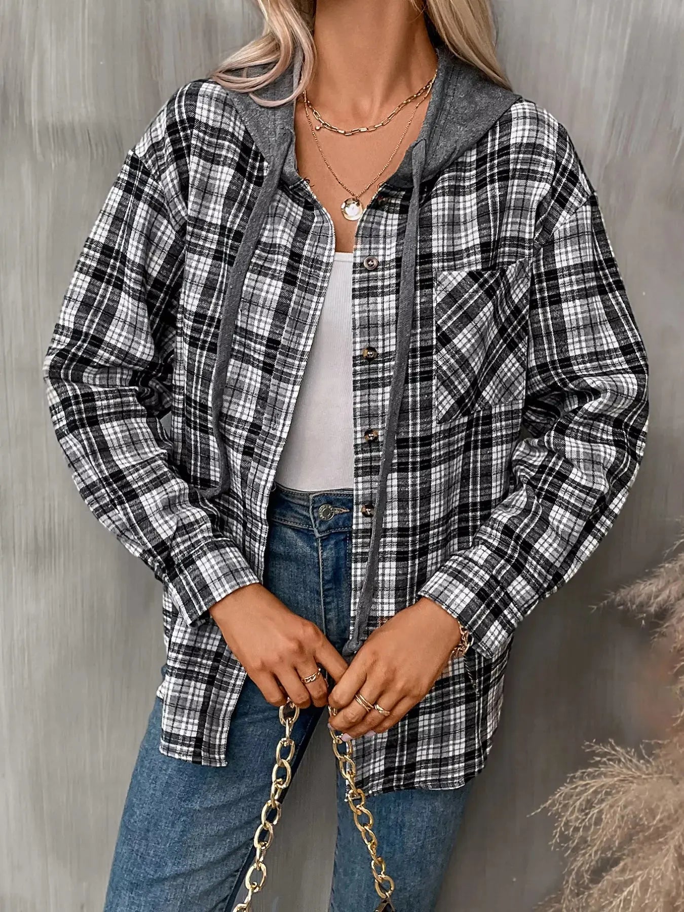 Plaid Button-Up Oversized Hooded Shirt with Chest Pocket - Be Bliss Boutique