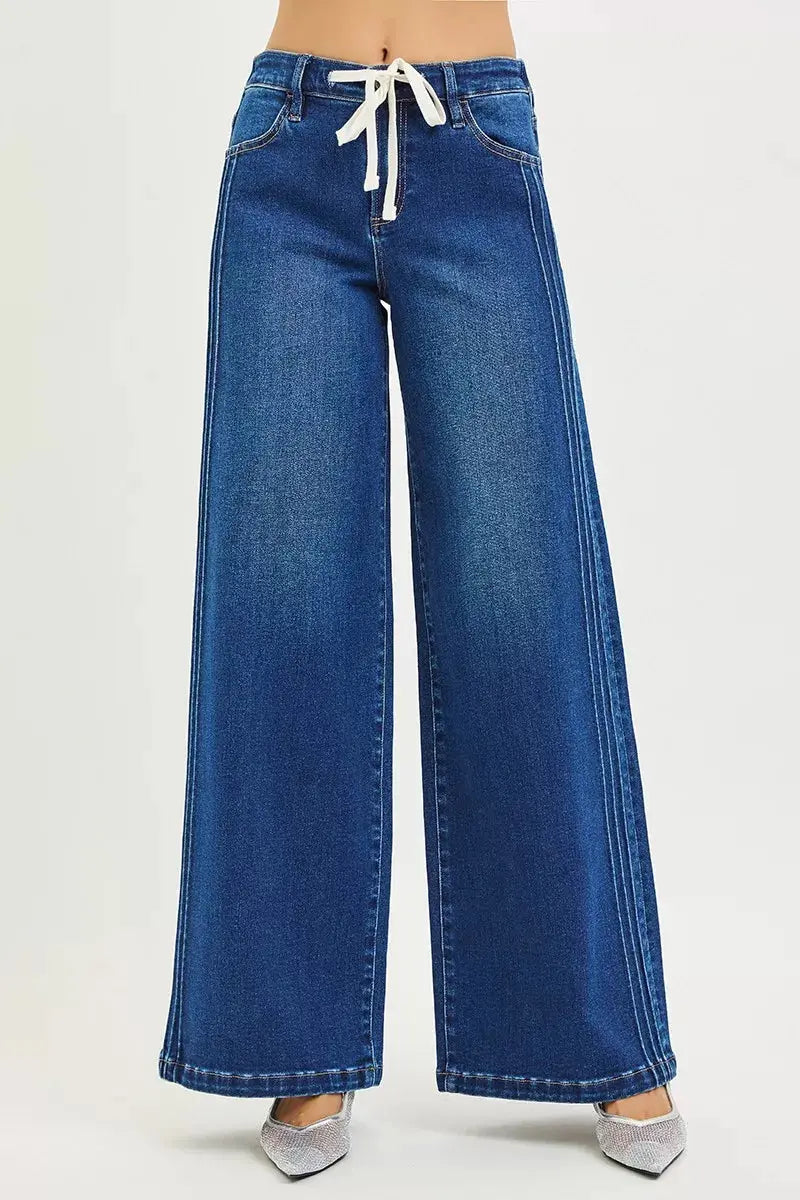 RISEN Jeans - Full Size Mid Rise Wide Side Pintuck Jeans with Front Drawstring - Be Bliss Boutique