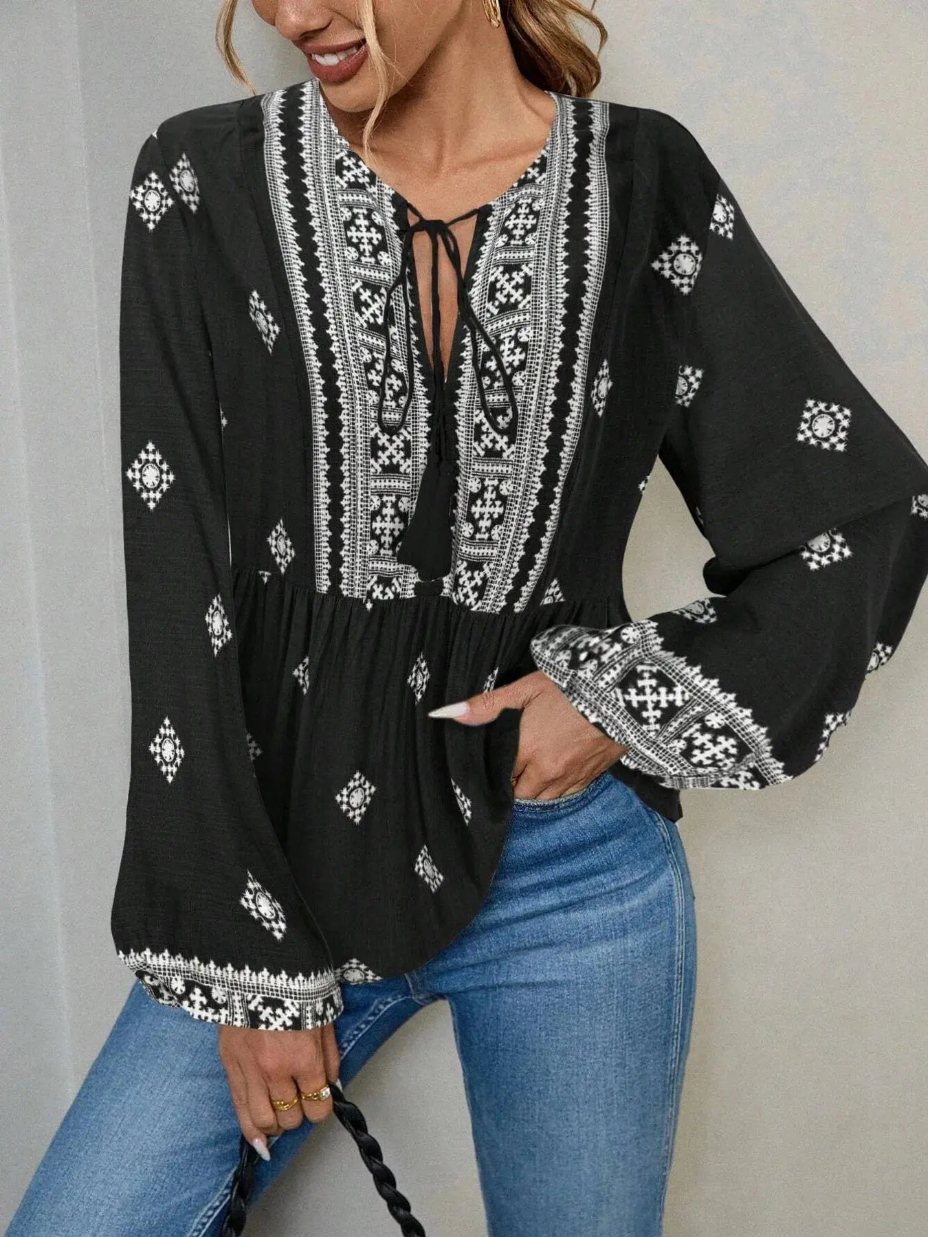 Tie Front Long Sleeve Boho Blouse - Be Bliss Boutique