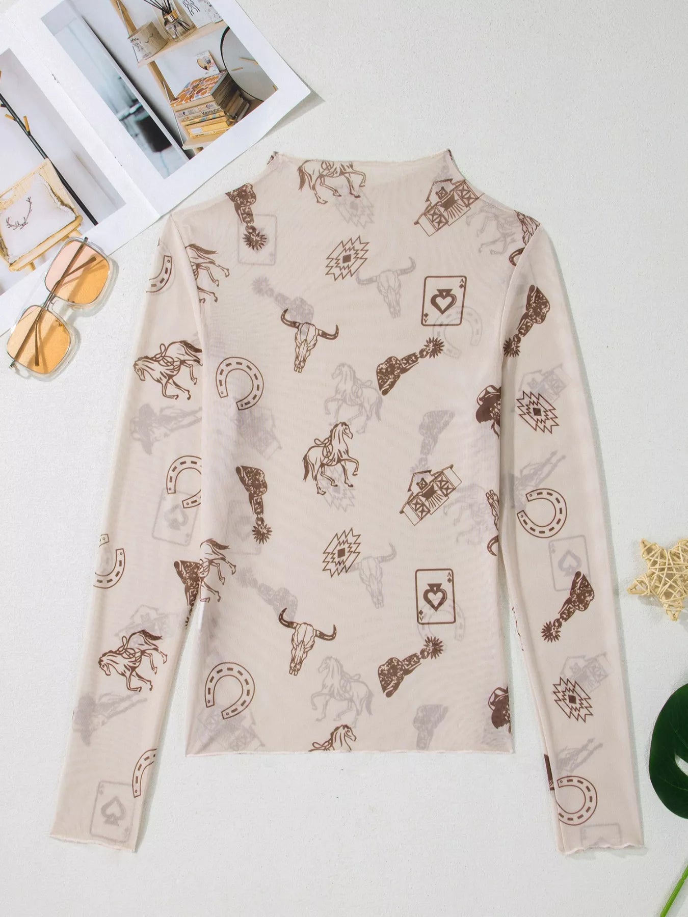Western Print Slim Fit Mesh Long Sleeve Mock Neck Top - Be Bliss Boutique