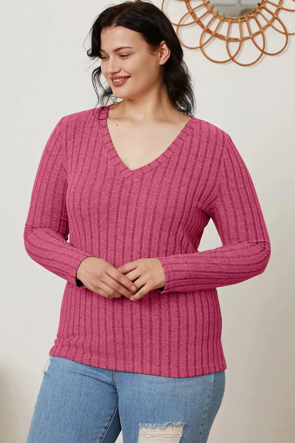 Basic Bae Full Size Ribbed V-Neck Long Sleeve T Shirt for Women - Be Bliss Boutique