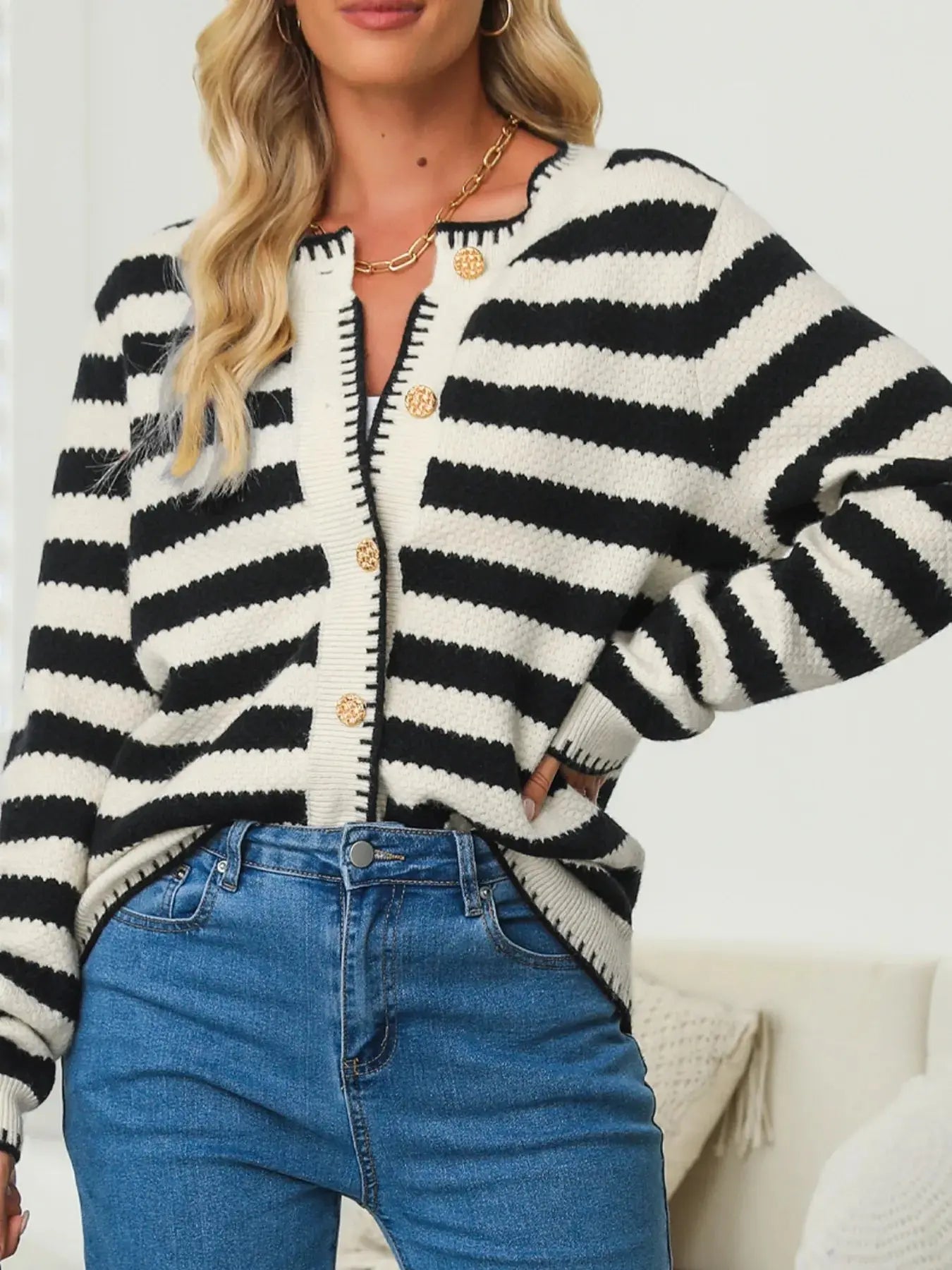 Button Down Striped Long Sleeve Cardigan - Be Bliss Boutique