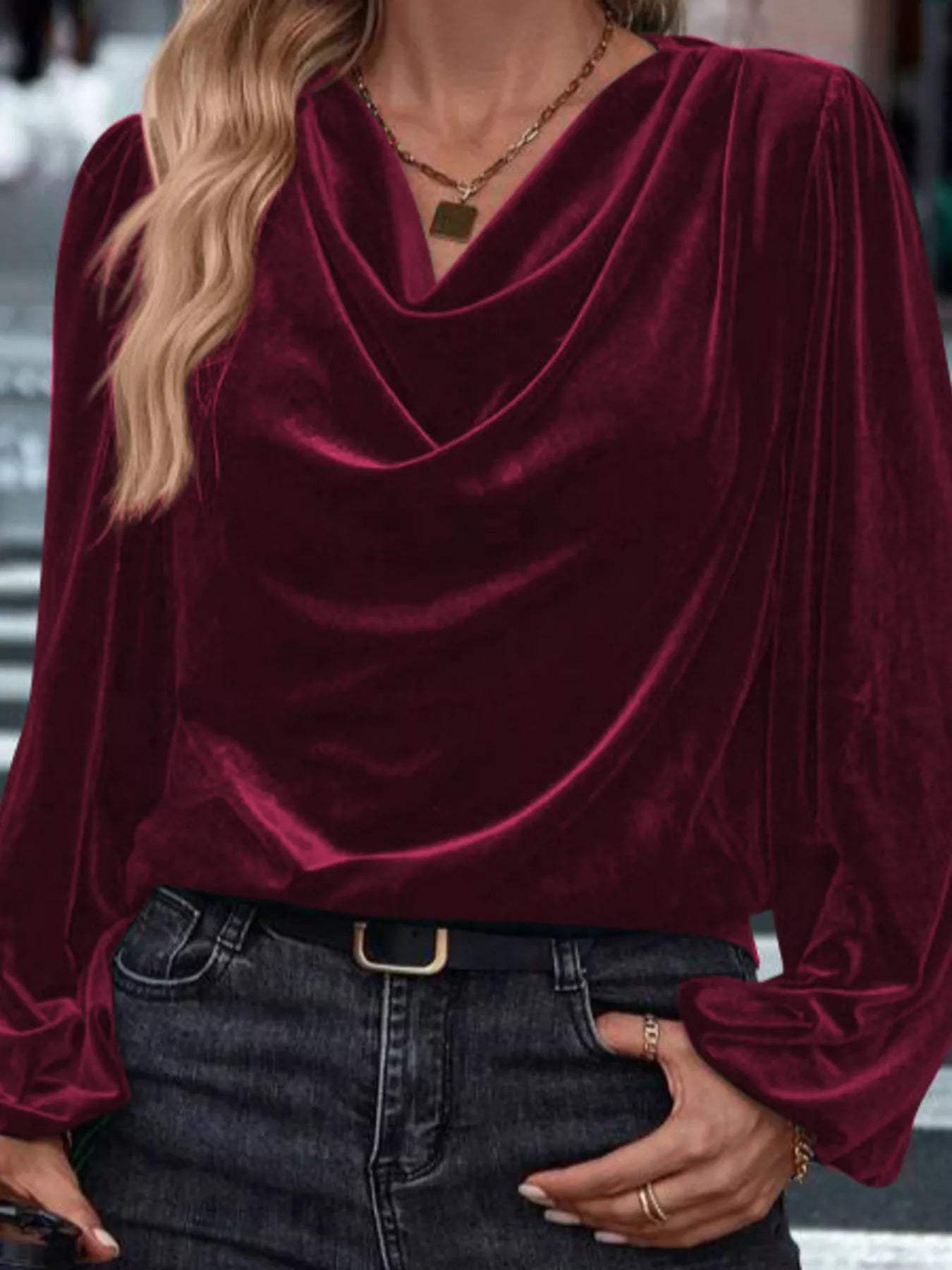 Velvet Cowl Neck Long Sleeve Blouse - Be Bliss Boutique