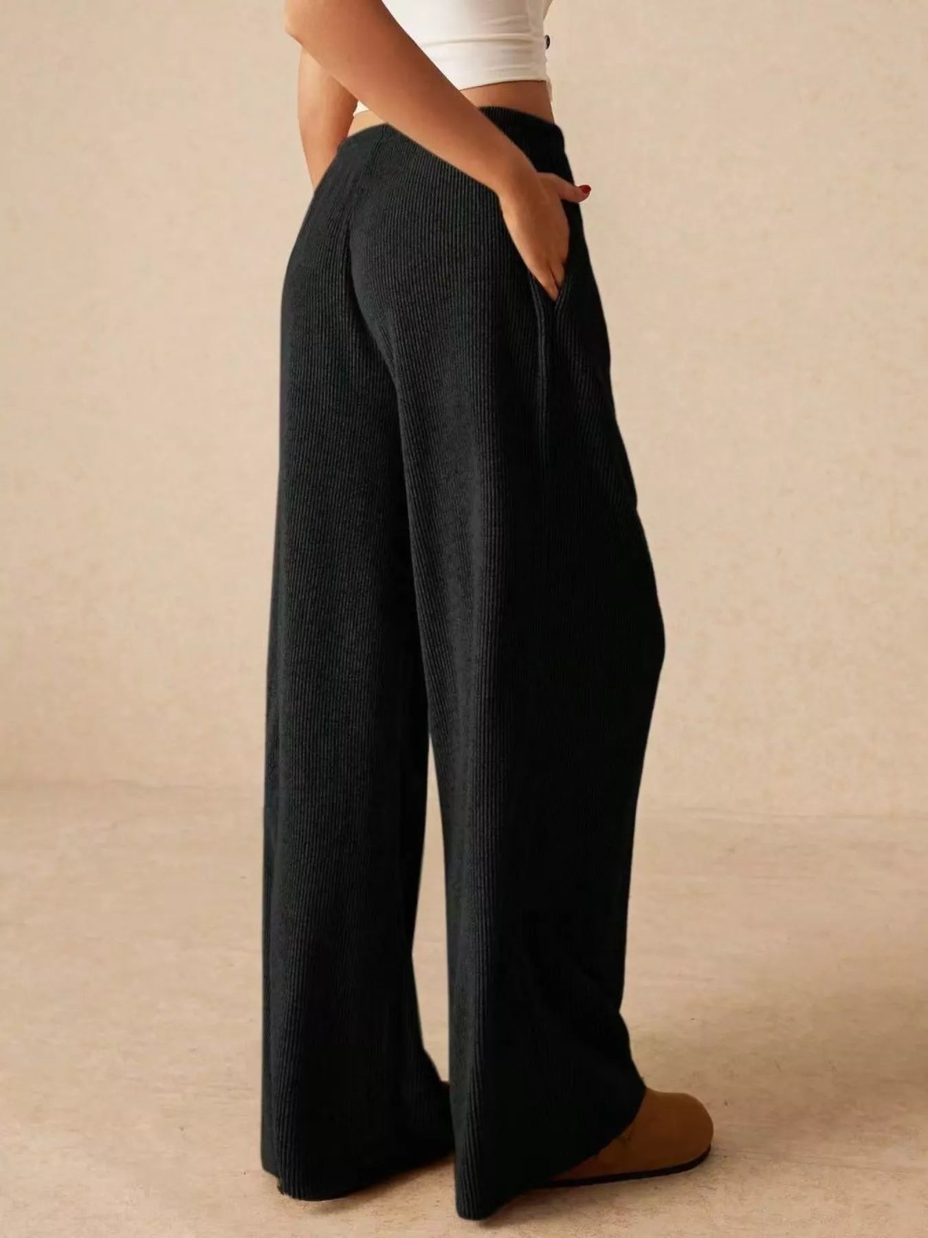 Ribbed Drawstring Wide Leg Pants - Be Bliss Boutique