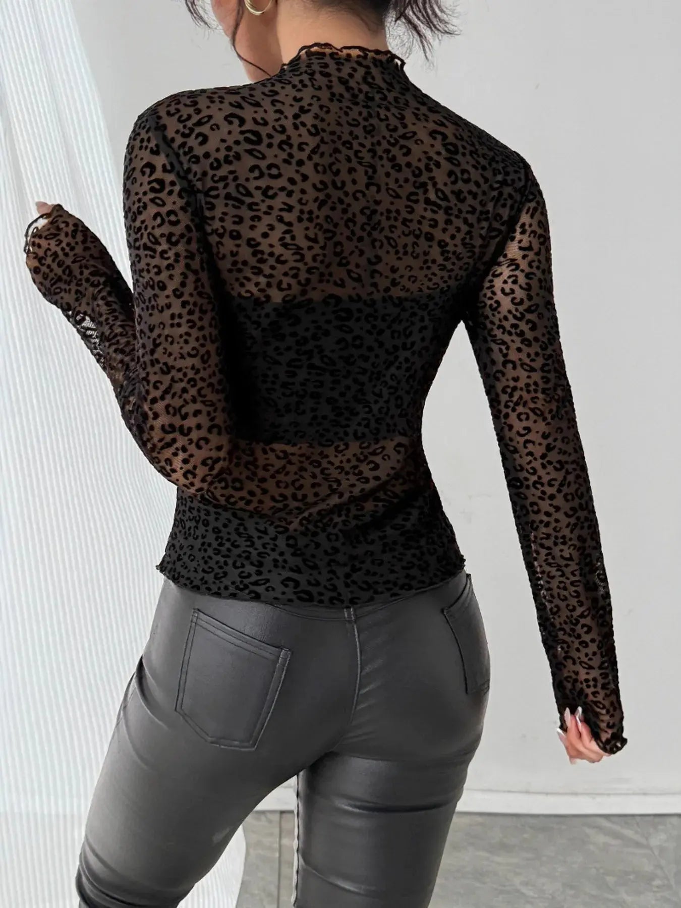 Leopard Print Mesh Long Sleeve T Shirt - Be Bliss Boutique