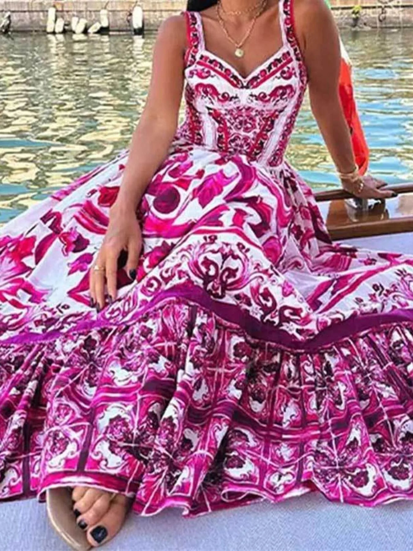 Full Size Boho Printed Sweetheart Neck Maxi Cami Dress - Be Bliss Boutique