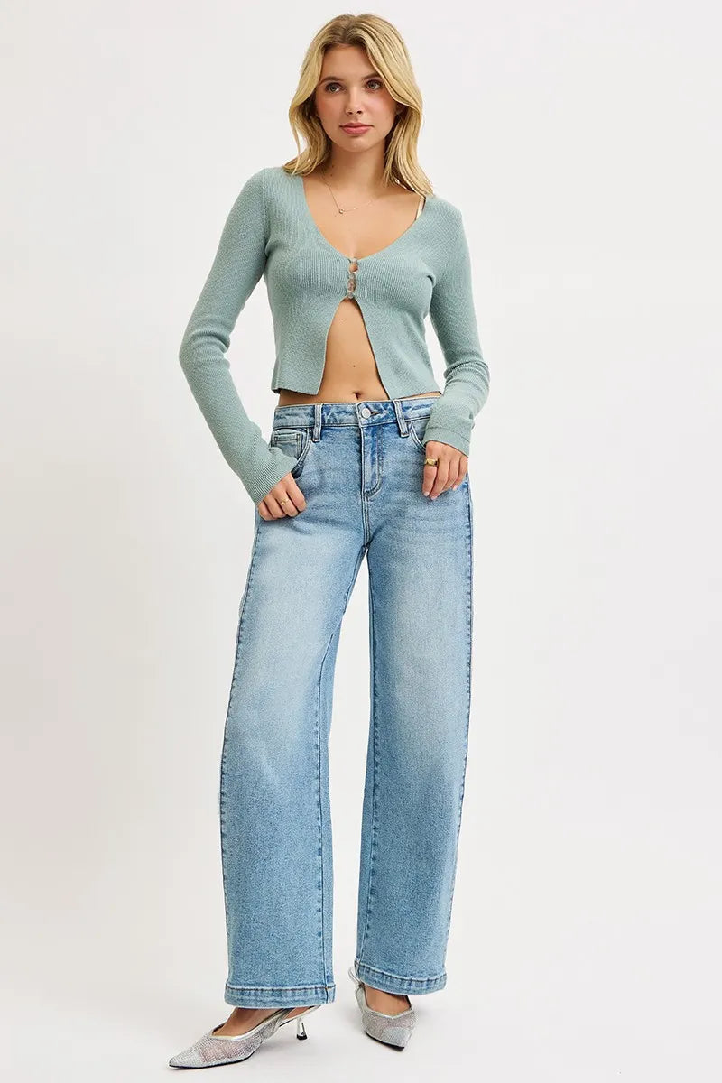 RISEN Jeans - Mid Rise Wide Barrel Transferable Leg Snap Jeans - Be Bliss Boutique