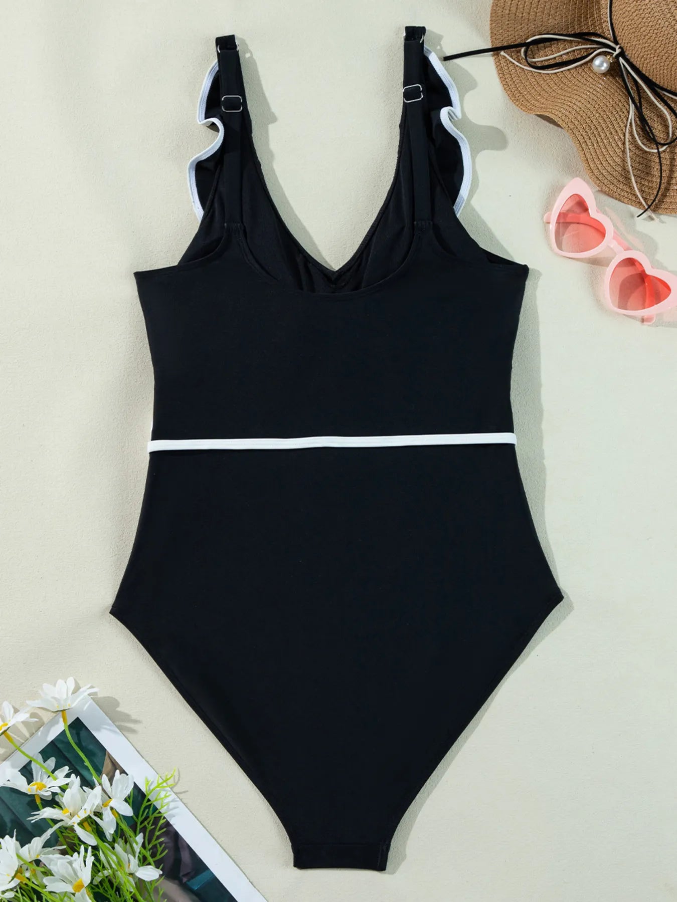 Ruffle Trim V Neck One Piece Swimsuit - Be Bliss Boutique