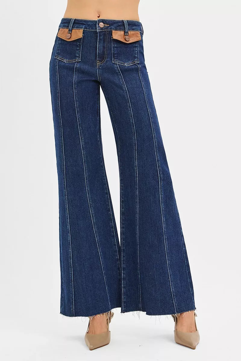 RISEN Jeans - High Rise Wide Flare Jeans with Front Leather Pocket Detail - Be Bliss Boutique