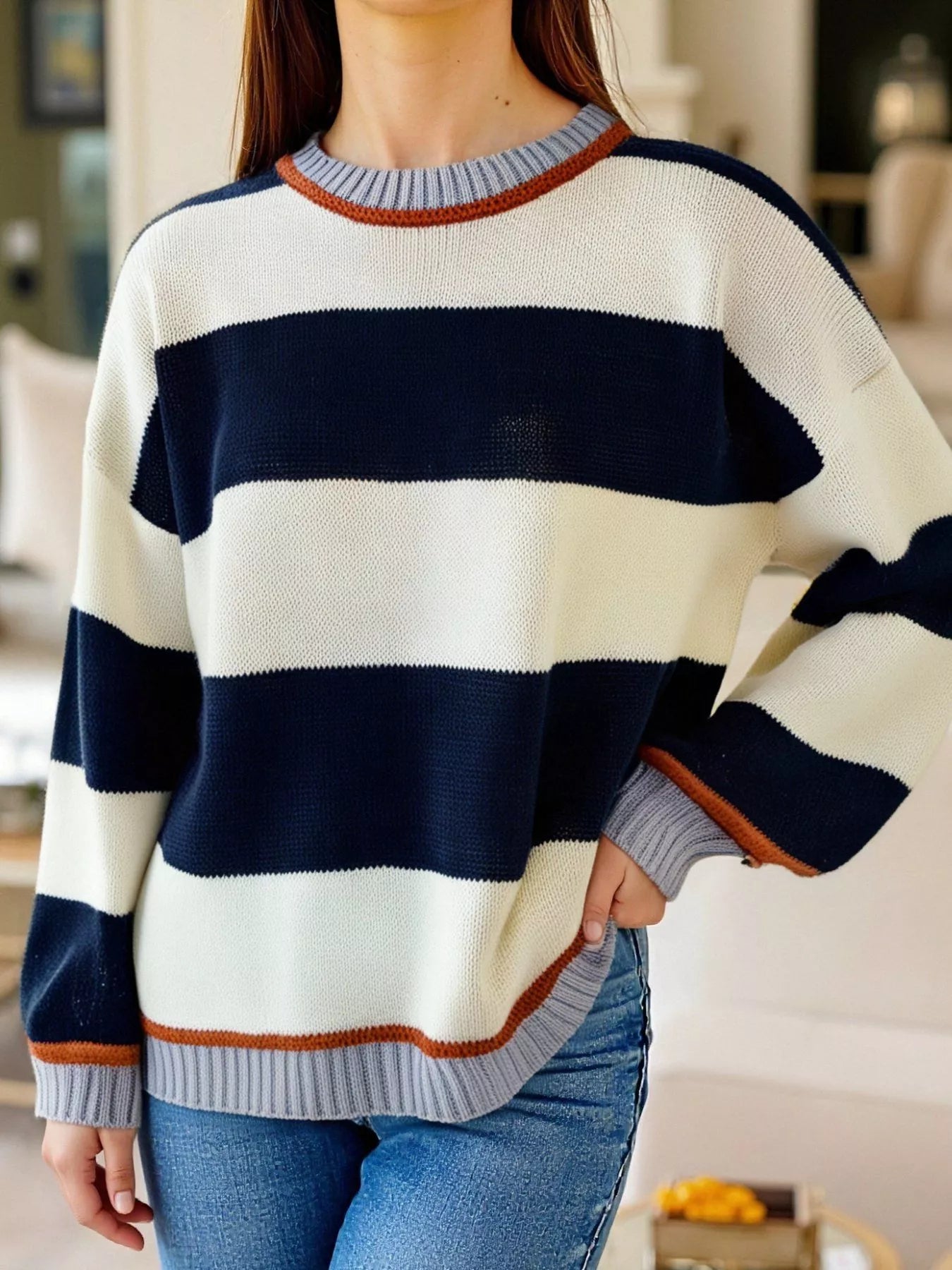 Color Block Round Neck Sweater -  Be Bliss Boutique