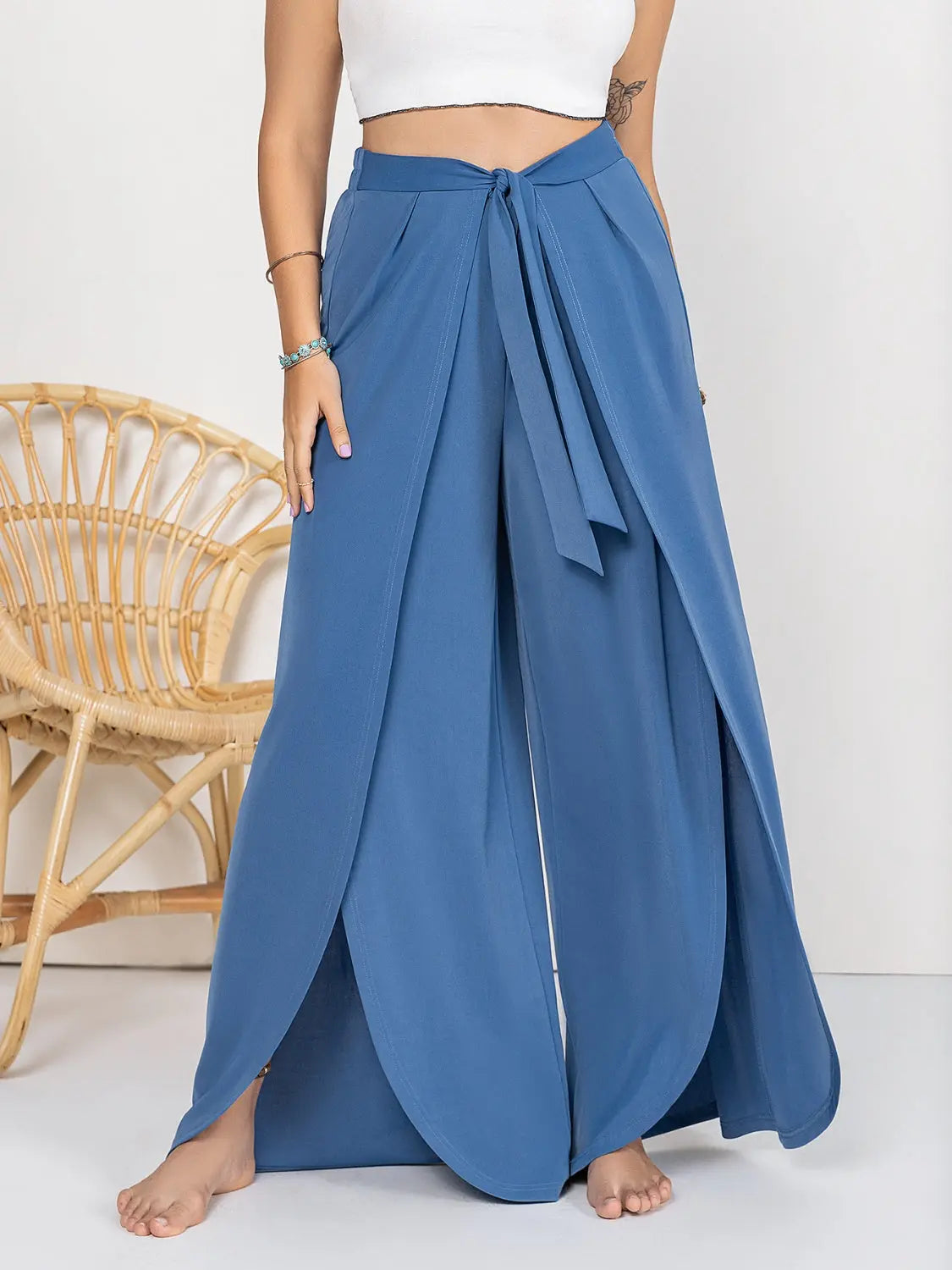 Plus Size Tied Slit Wide Leg Pants - Be Bliss Boutique