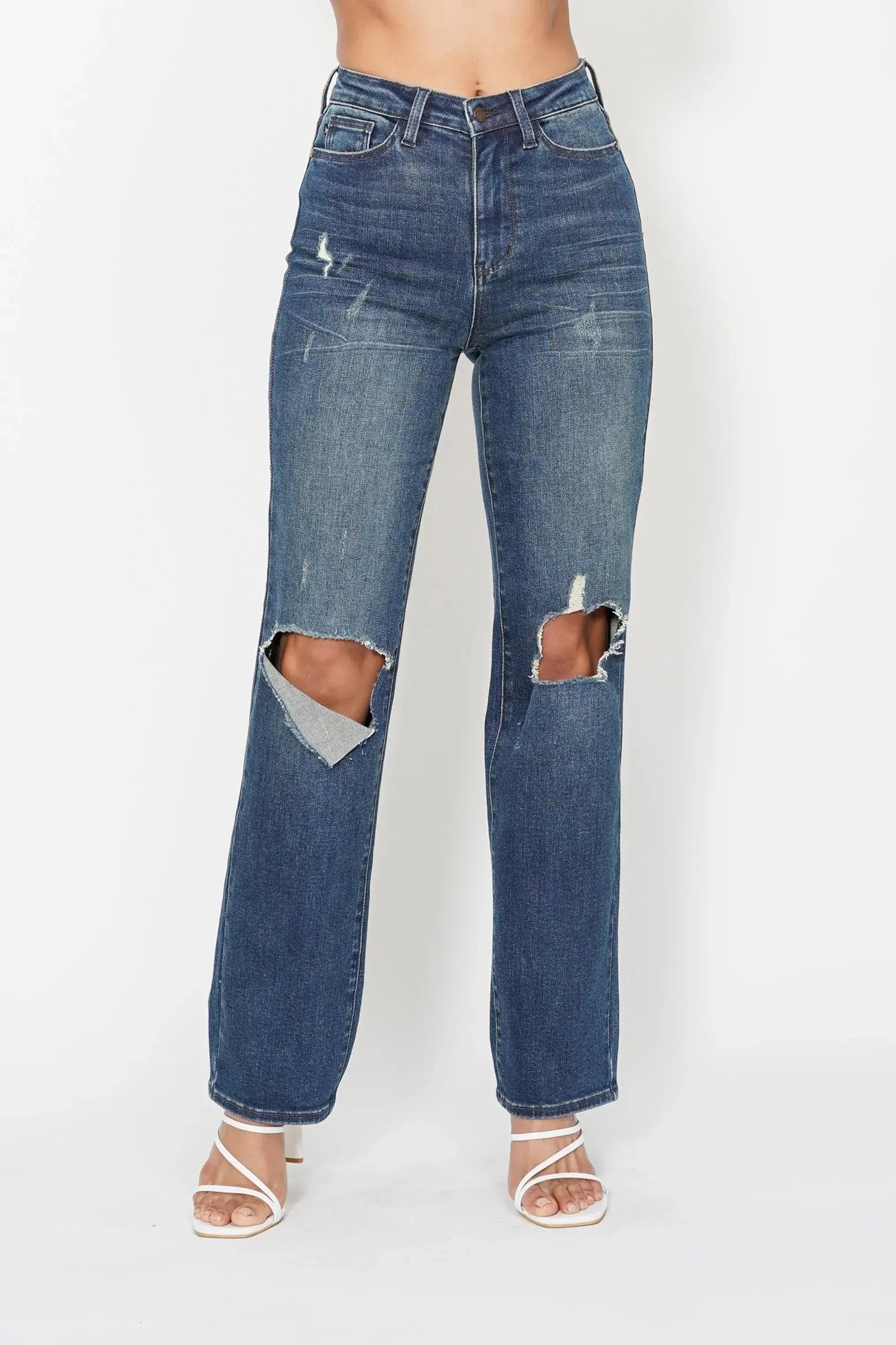 Full Size High Waist Ripped Knee Straight Leg Dad Judy Blue Jeans - Be Bliss Boutique