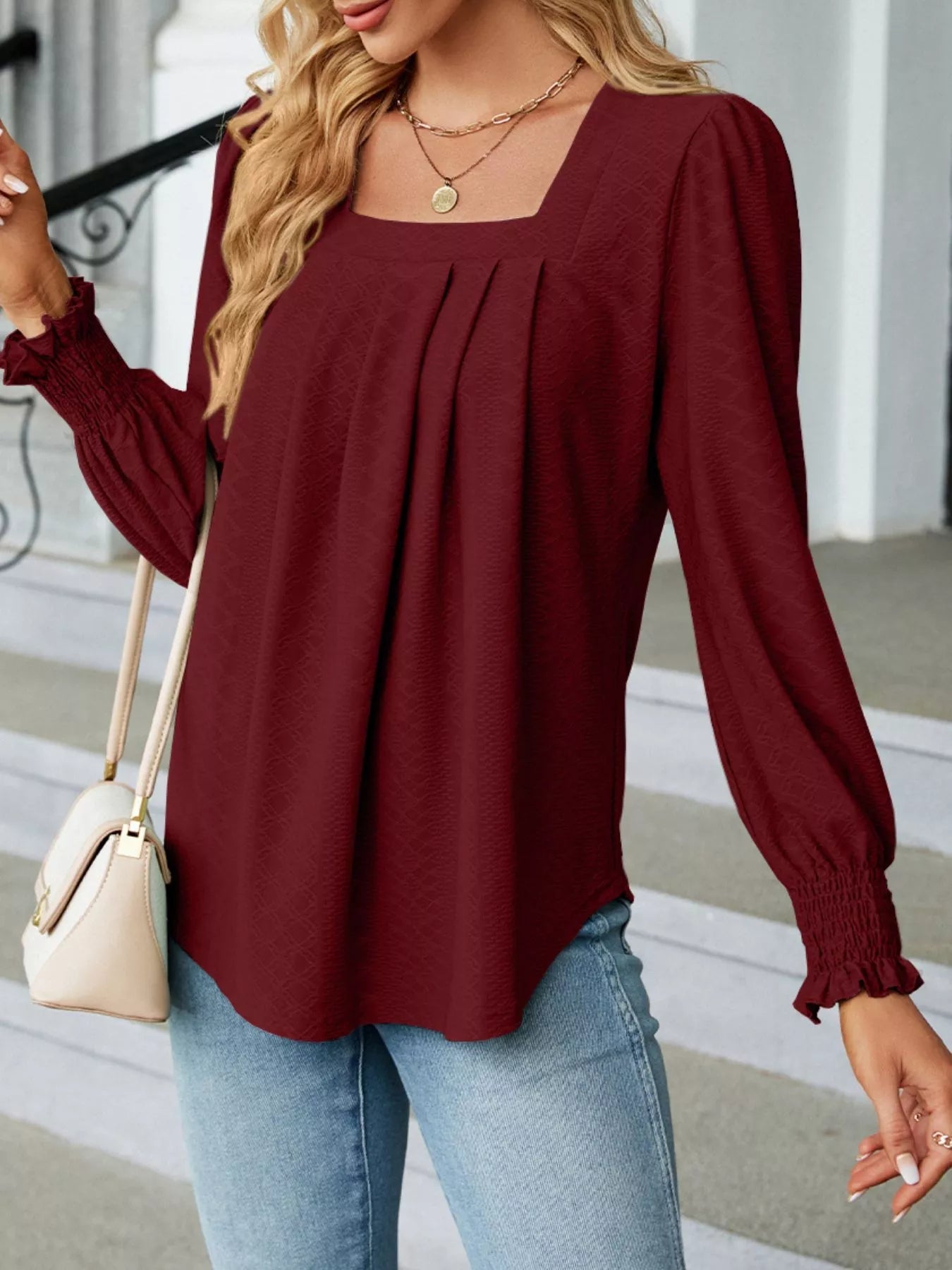 Pleated Square Neck Long Sleeve Top -  Be Bliss Boutique