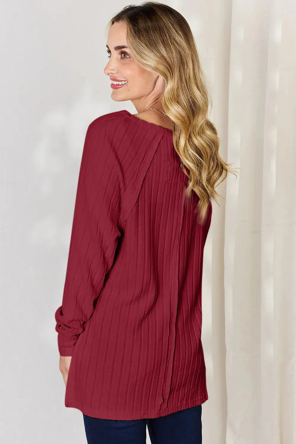 Basic Bae Ribbed Round Neck Slit Womens Long Sleeve T Shirt – Full & Plus Size - Be Bliss Boutique