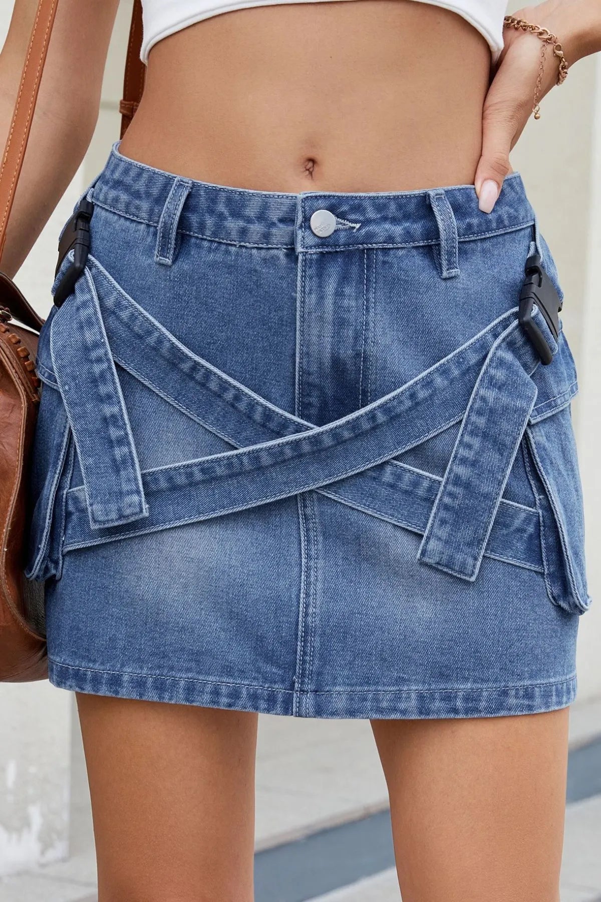 Criss-Cross Waist Pocketed Denim Mini Skirt - Be Bliss Boutique