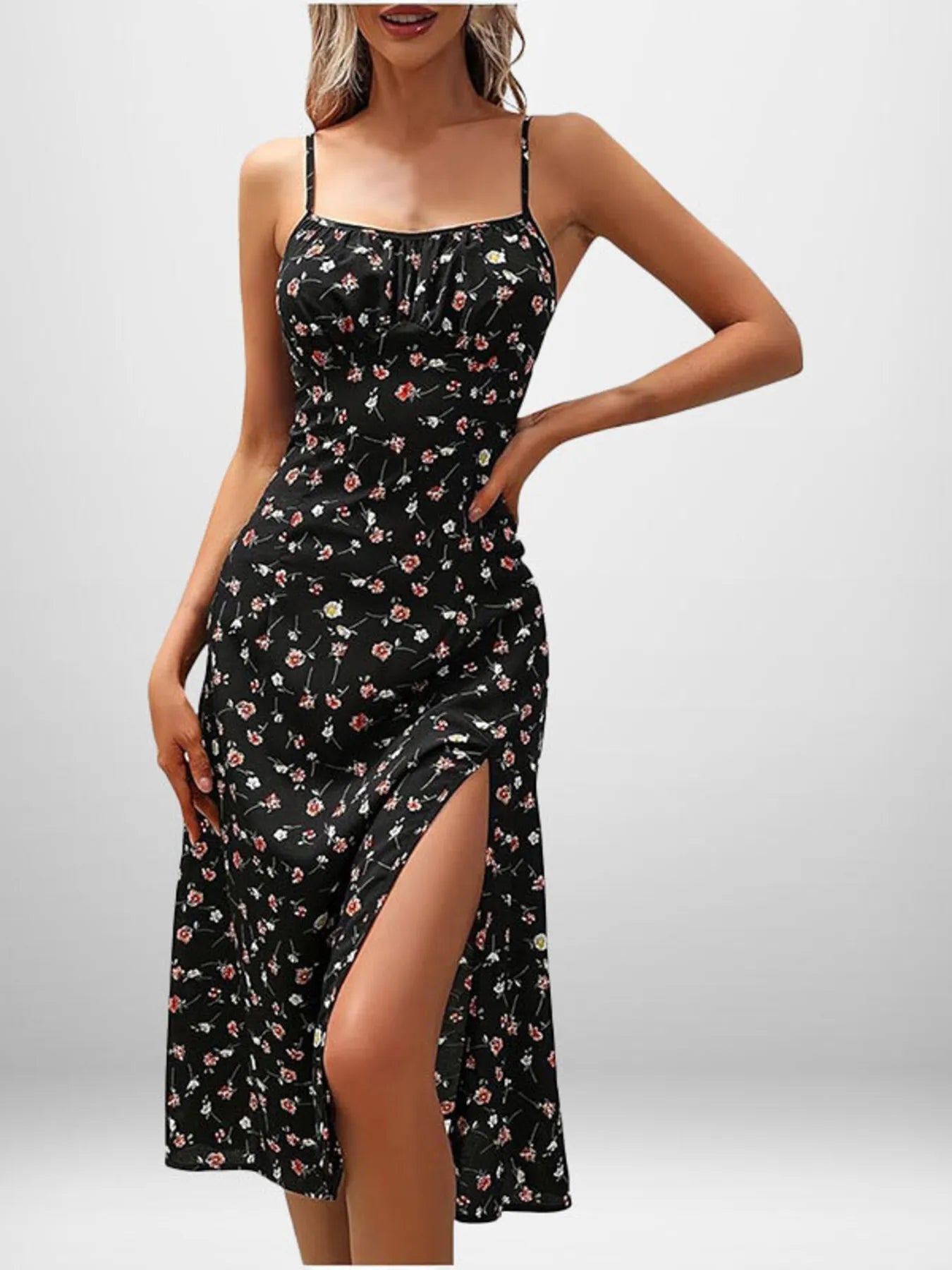 Full Size Slit Printed Cami Midi Dress - Be Bliss Boutique