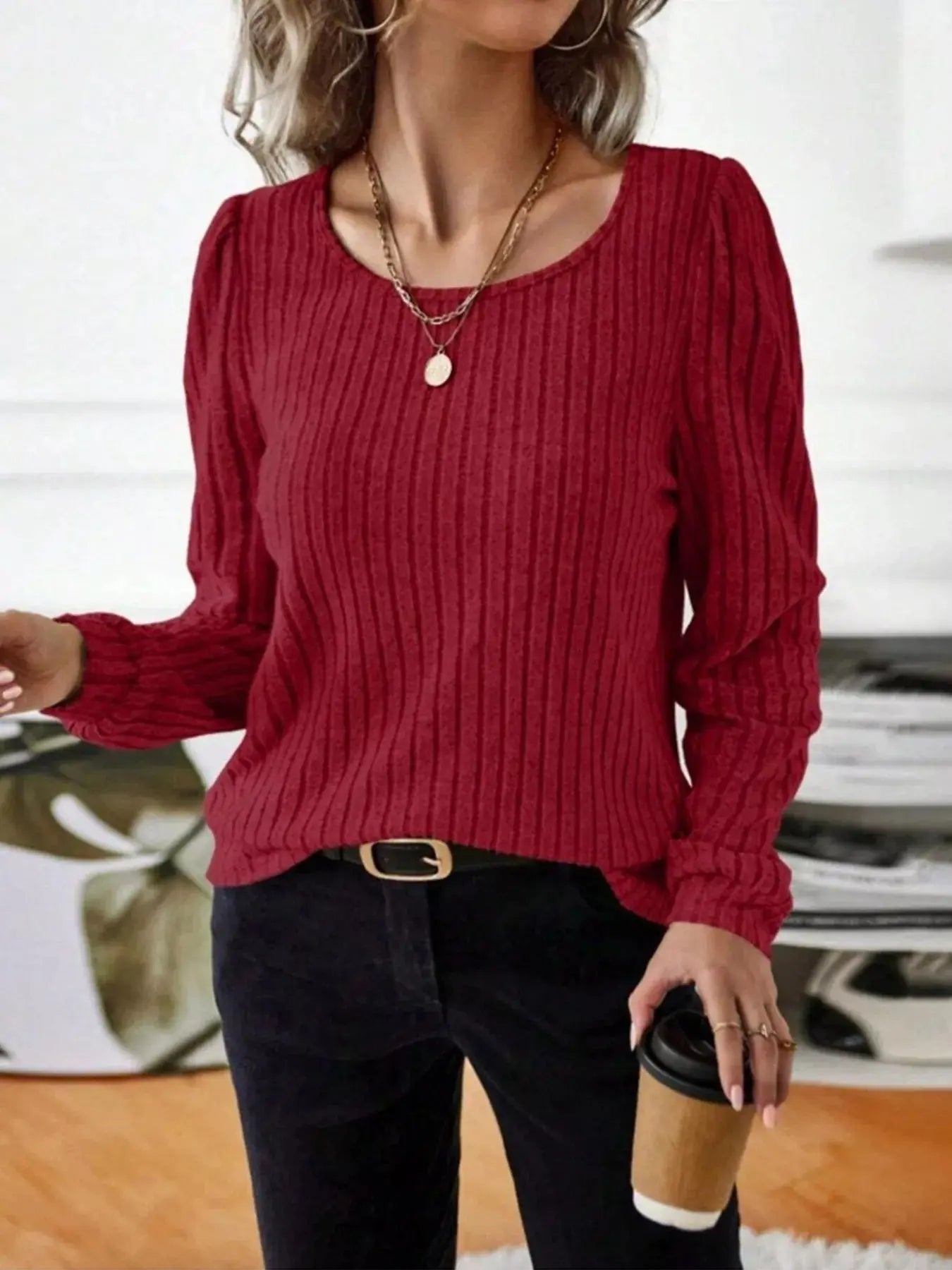 Ribbed Knit Long Sleeve T Shirt - Be Bliss Boutique