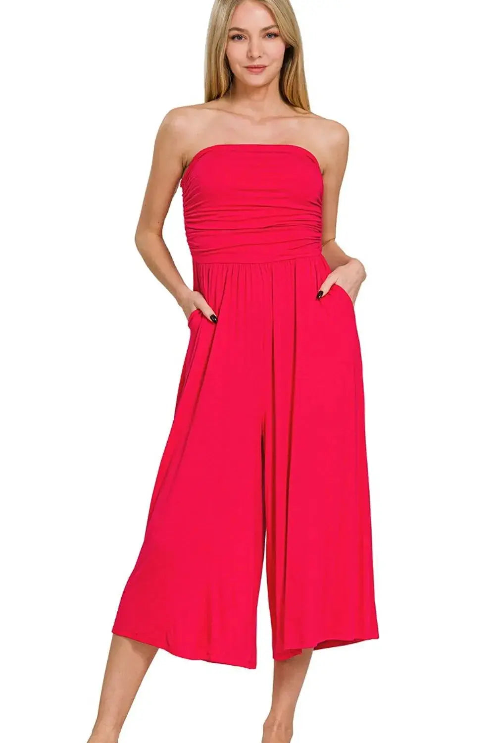 Zenana Strapless Ruched Tube Jumpsuit with Pockets – Red Culotte Style - Be Bliss Boutique