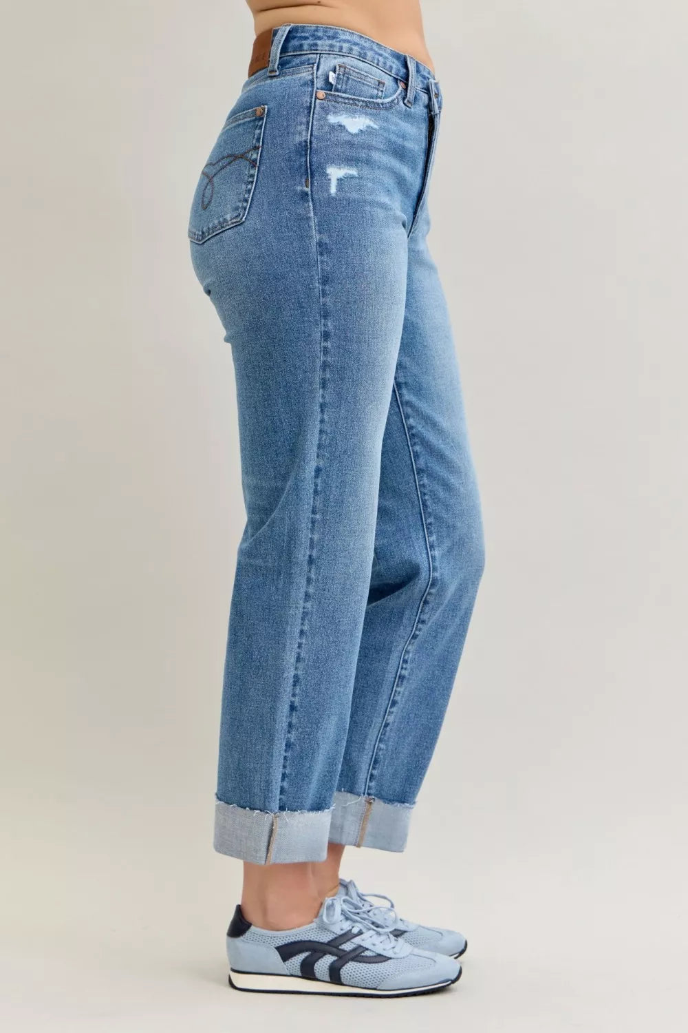 Judy Blue Jeans - High Waist Boyfriend Criss-Cross Mild Destroy Jeans with Single Cuff - Be Bliss Boutique