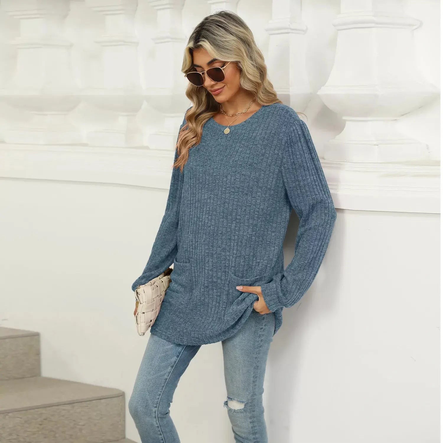 Cozy Ribbed Knit Long Sleeve Tunic Top with Pockets - Be Bliss Boutique