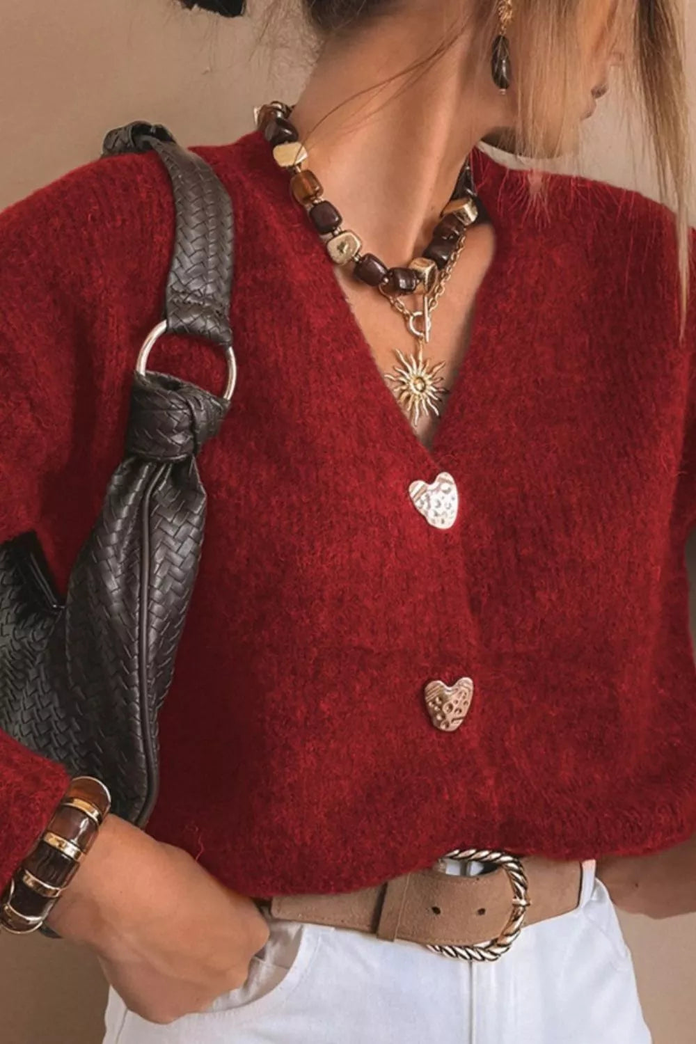 Heart Button Fuzzy Knit Cardigan - Be Bliss Boutique