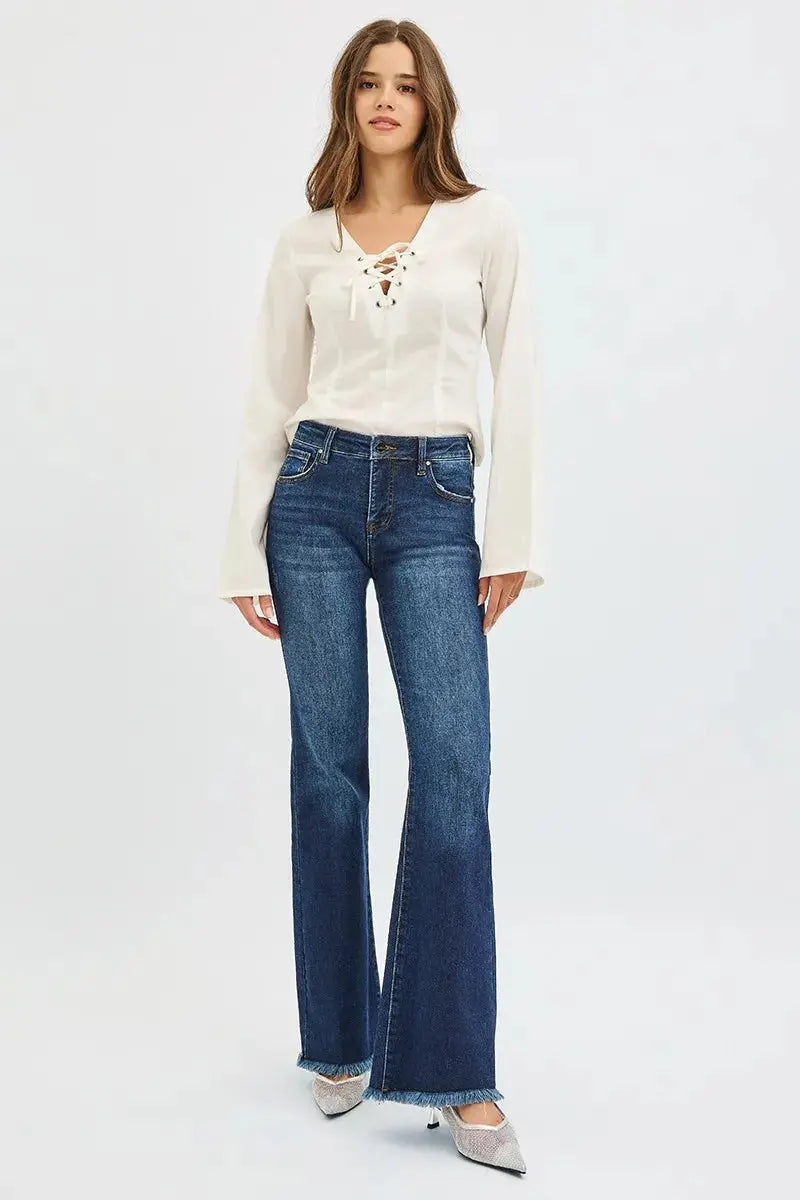 RISEN Jeans - Plus Size Tummy Control Mid Rise Flare Jeans with Raw Hem - Be Bliss Boutique