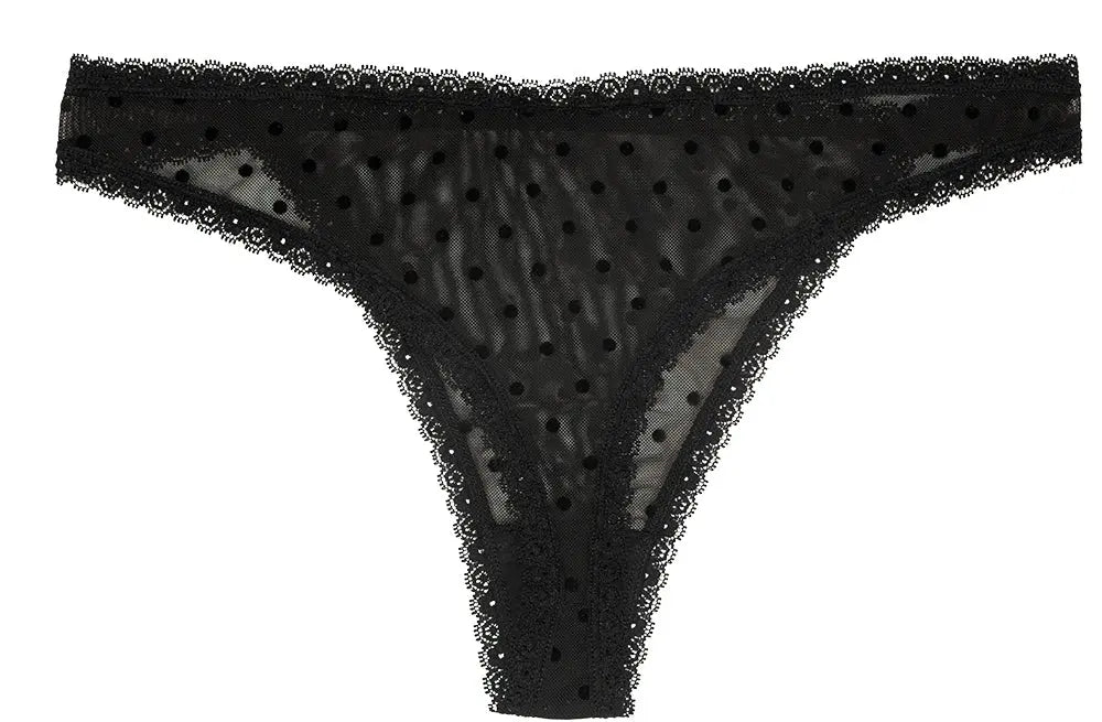 Flocked Polka Dot Mesh Thong with Lace Details - Be Bliss Boutique