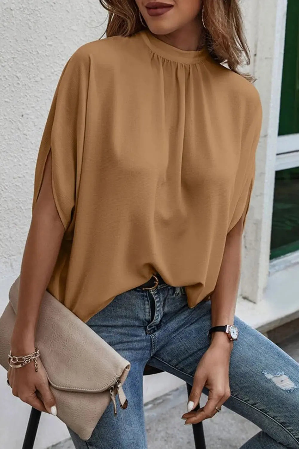 Tie Back Slit Half Sleeve Blouse - Be Bliss Boutique