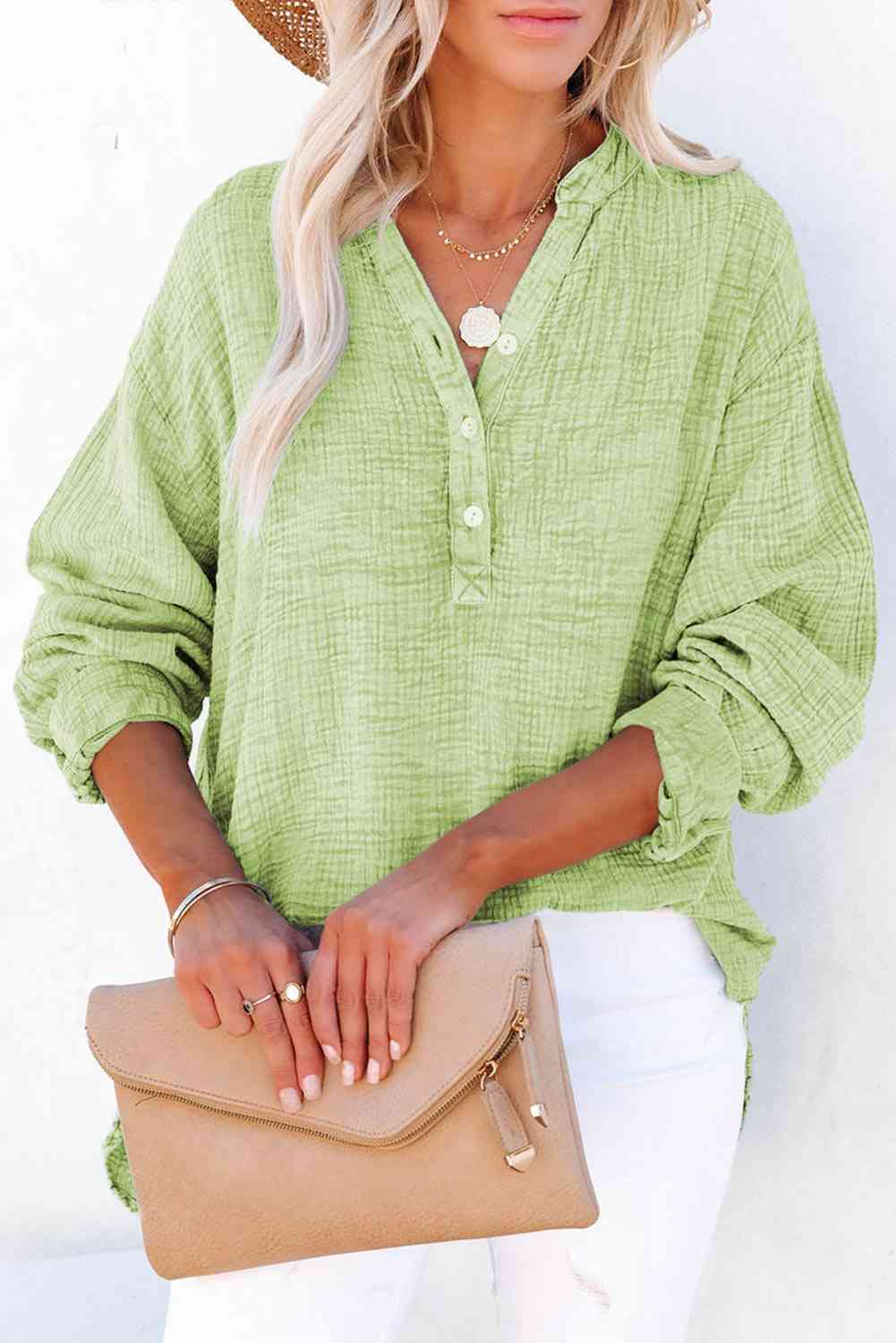 Women's Textured Cotton Buttoned Long Sleeve Blouse - Be Bliss Boutique