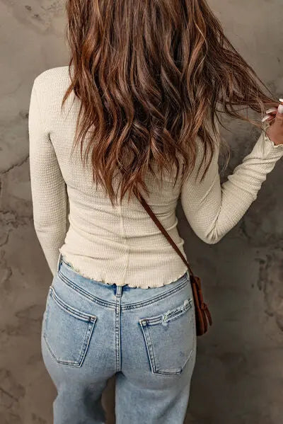 Waffle-Knit Half Snap Long Sleeve T-Shirt - Be Bliss Boutique