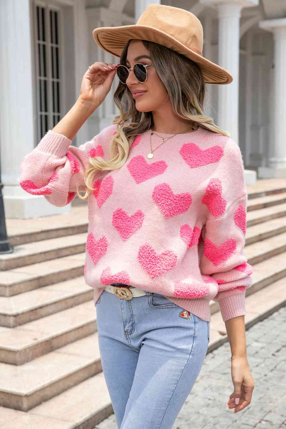 Round Neck Dropped Shoulder Sweater with Heart Pattern - Be Bliss Boutique