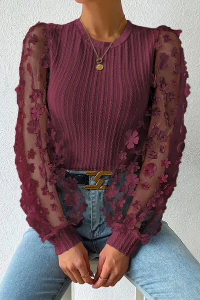 Double Take Textured Applique Long Sleeve Blouse - Be Bliss Boutique