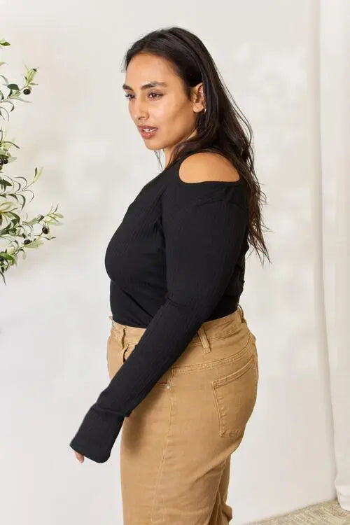 Culture Code Full Size Ribbed Surplice Cold Shoulder Top - Be Bliss Boutique