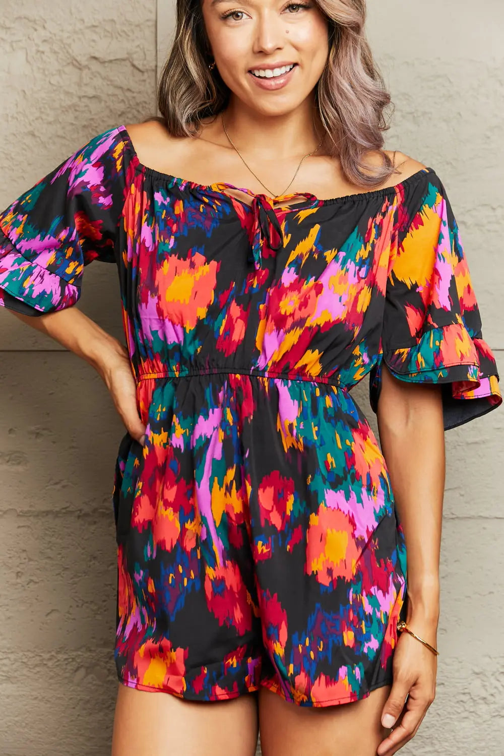 Printed Tied Flounce Sleeve Romper - Be Bliss Boutique