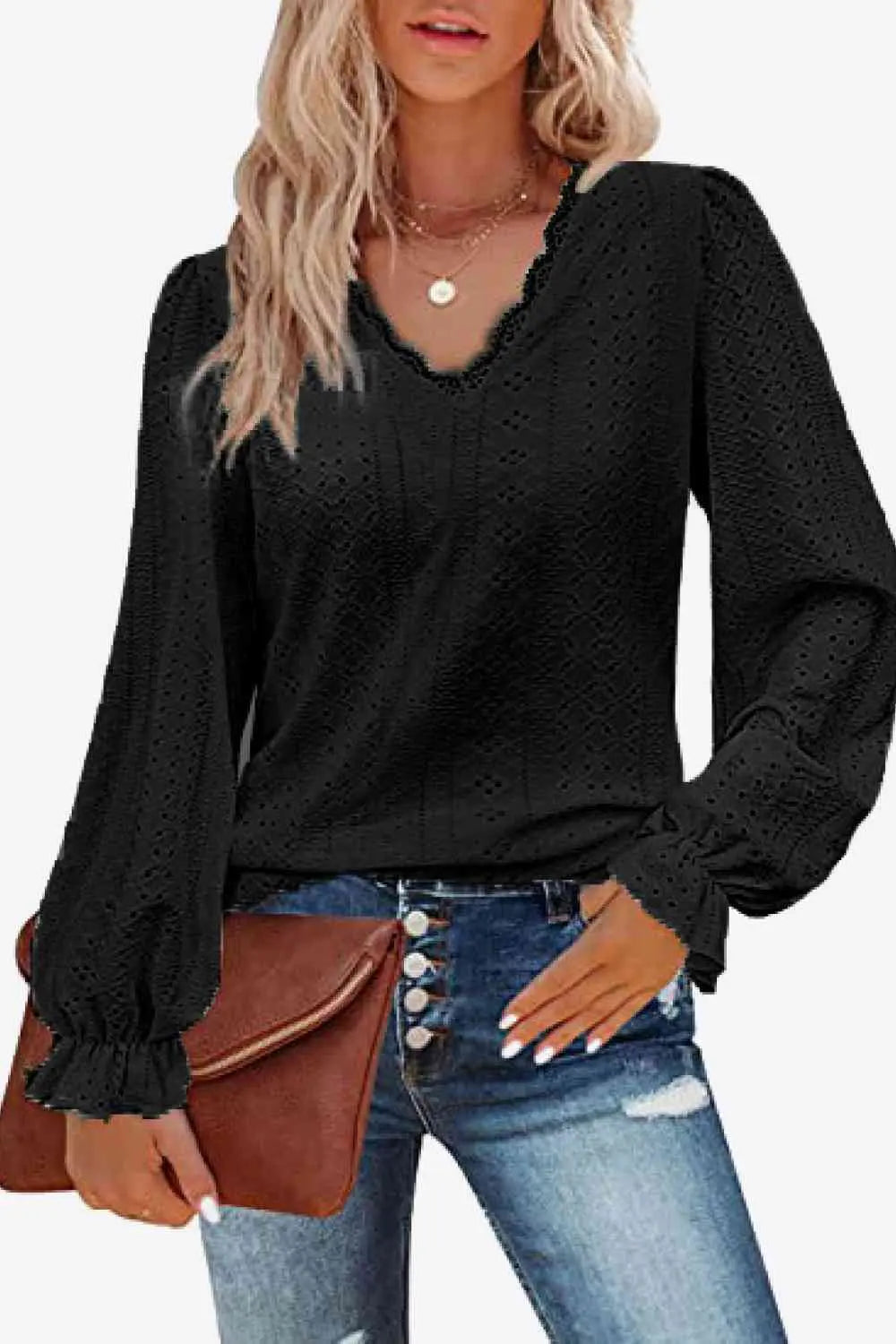 Eyelet V-Neck Flounce Sleeve Blouse - Be Bliss Boutique