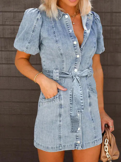 Puff Sleeve Button Up Mini Denim Dress - Be Bliss Boutique