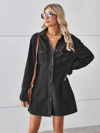 Pocketed Dropped Shoulder Mini Denim Dress - Be Bliss Boutique