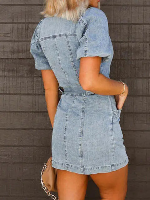 Puff Sleeve Button Up Mini Denim Dress - Be Bliss Boutique