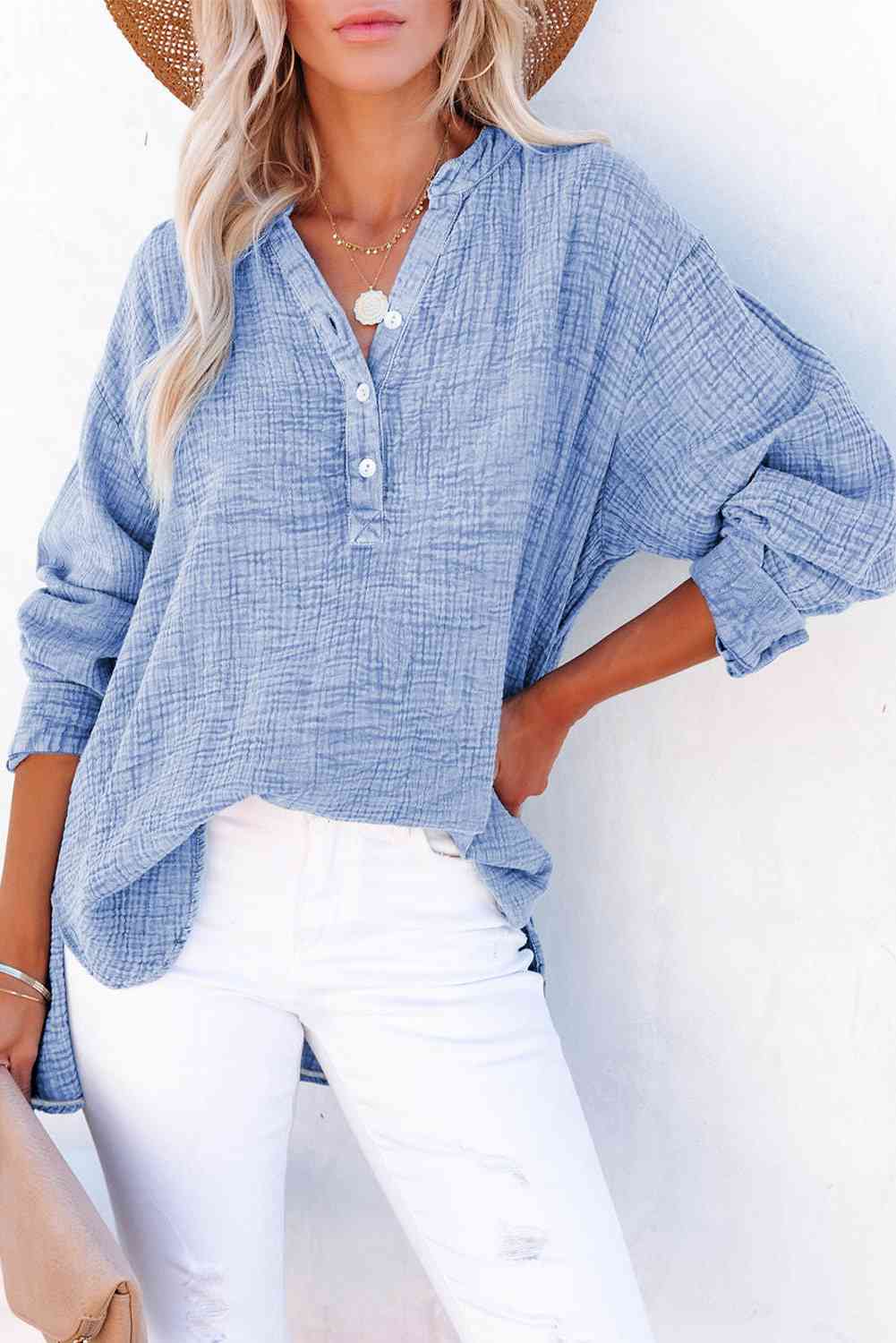 Women's Textured Cotton Buttoned Long Sleeve Blouse - Be Bliss Boutique