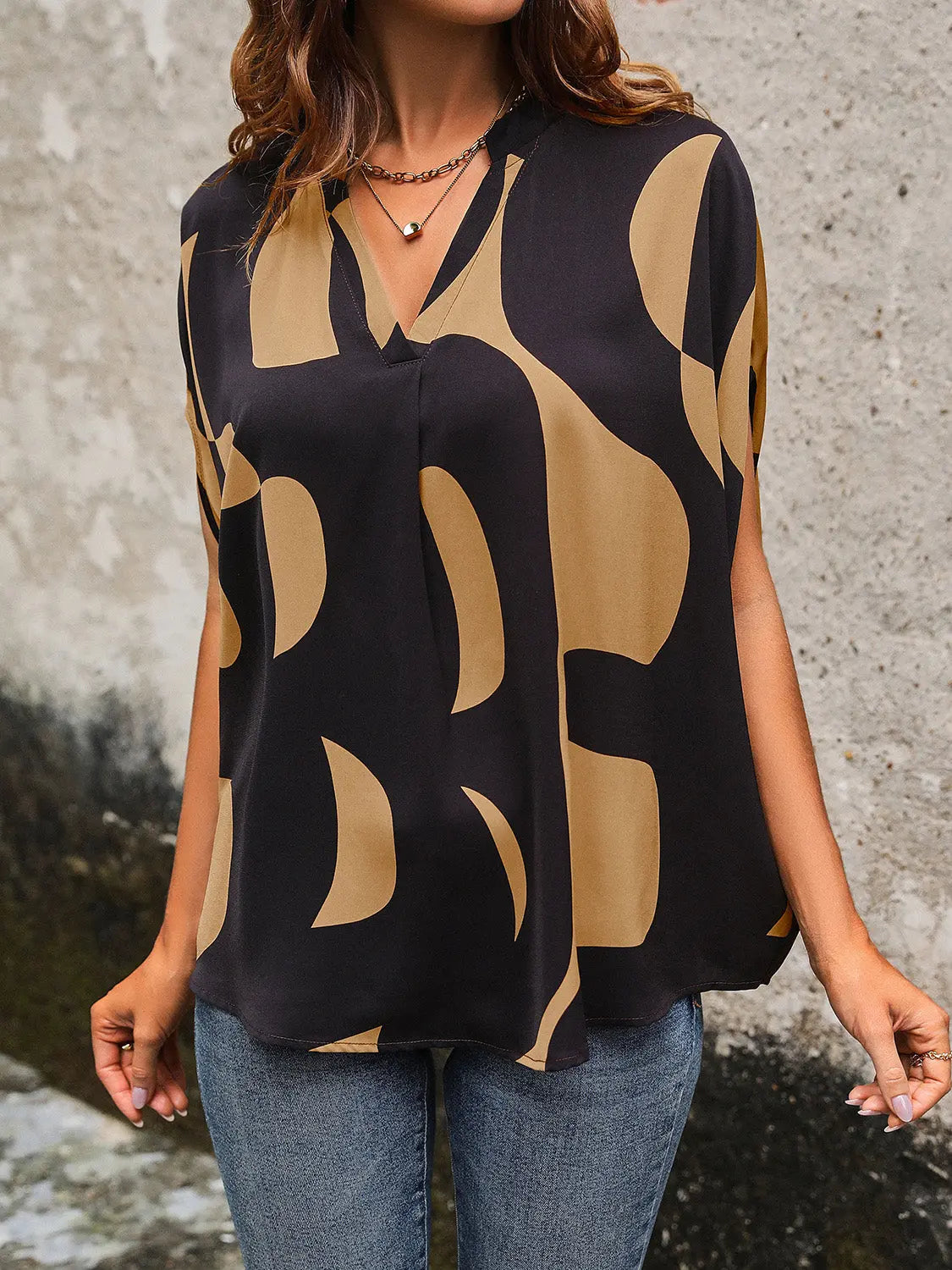 Printed Notched Slit Half Sleeve Blouse - Be Bliss Boutique