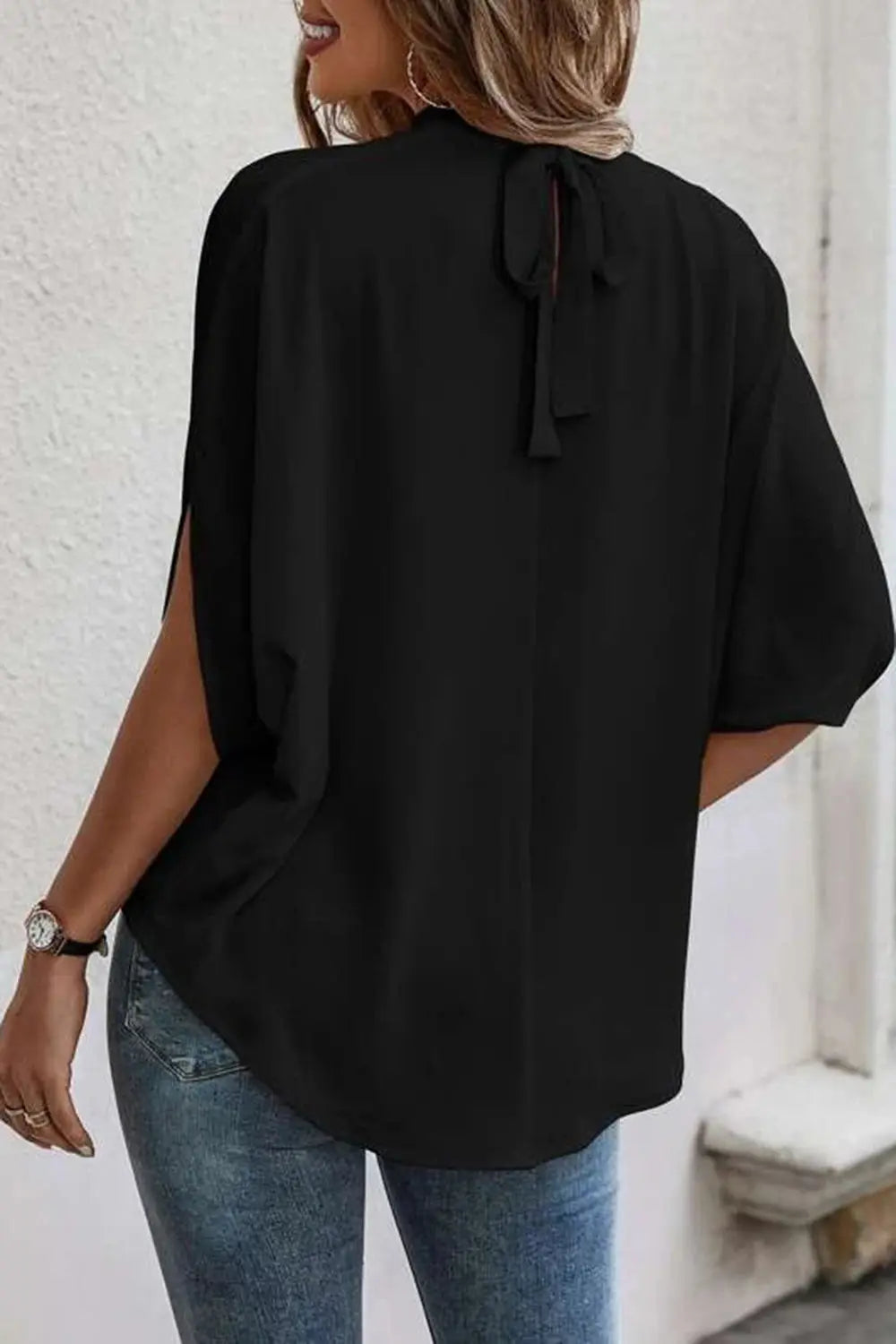 Tie Back Slit Half Sleeve Blouse - Be Bliss Boutique