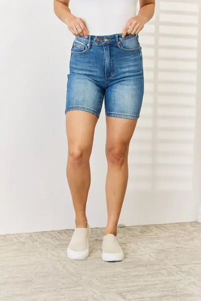 Judy Blue Full Size Tummy Control Double Button Bermuda Denim Shorts - Be Bliss Boutique