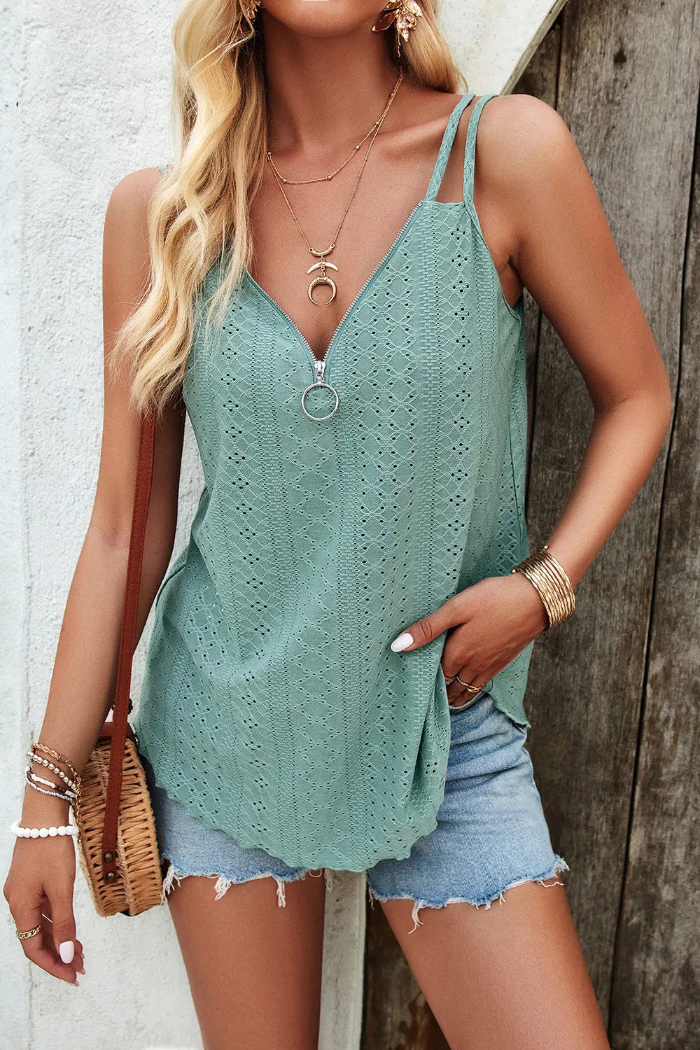 Eyelet V-Neck Double Strap Cami - Be Bliss Boutique