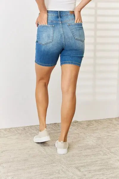 Judy Blue Full Size Tummy Control Double Button Bermuda Denim Shorts - Be Bliss Boutique