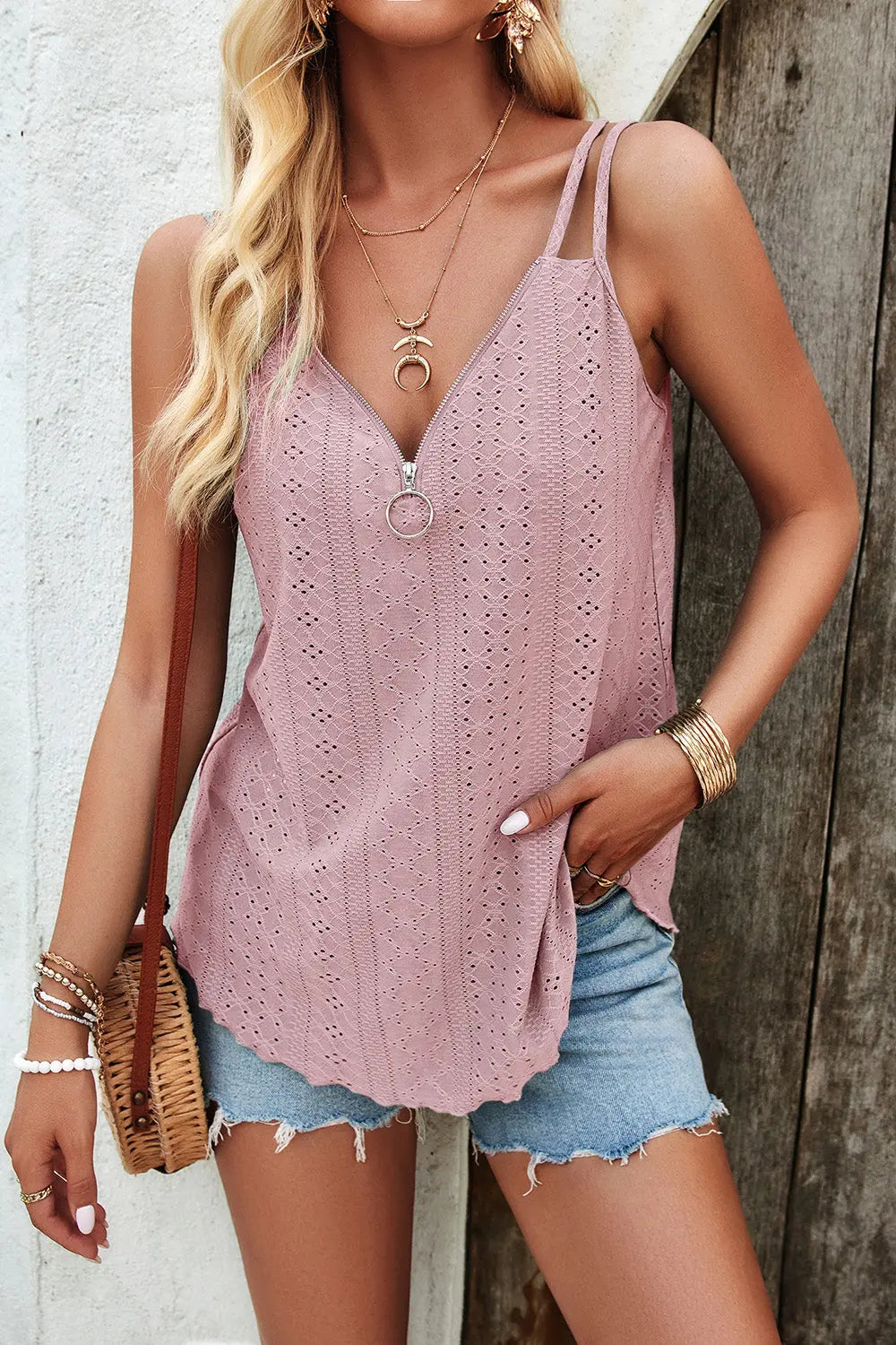Eyelet V-Neck Double Strap Cami - Be Bliss Boutique