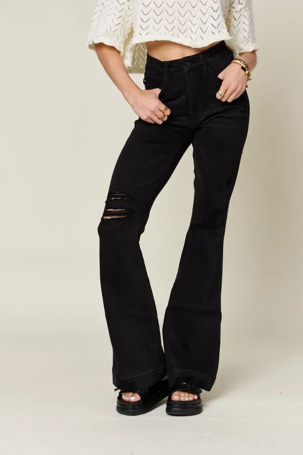 Judy Blue Full Size High Waist Distressed Flare Jeans - Be Bliss Boutique