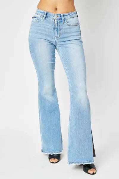 Full Size/Plus Size Mid Rise Raw Hem Slit Flare Judy Blue Jeans - Be Bliss Boutique